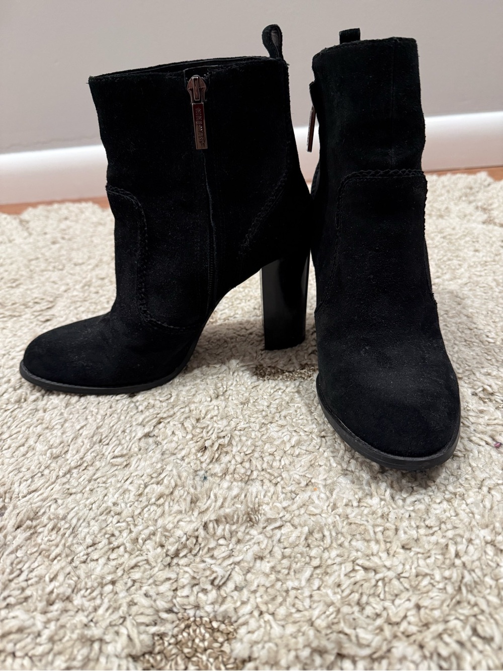 Nine West Black Suede High Block Heel Ankle Booties